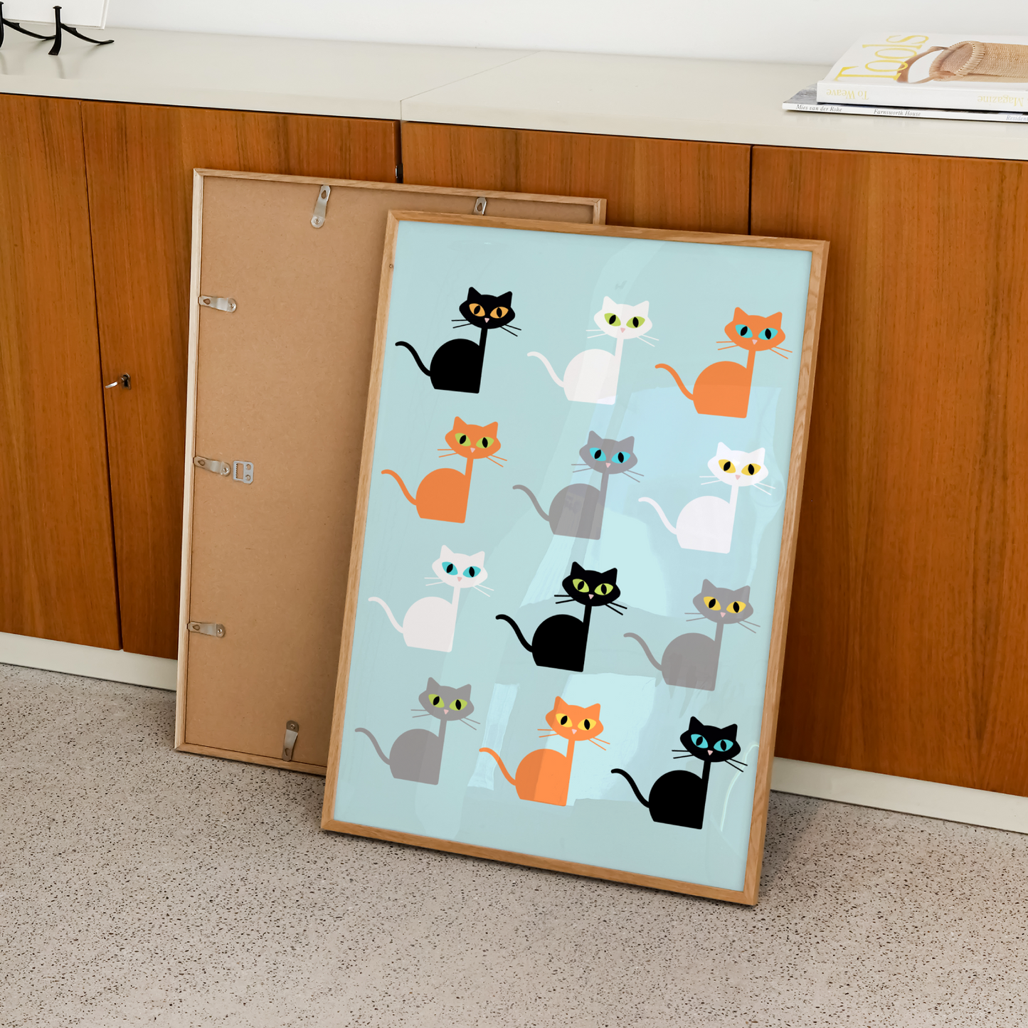 Blue Multicolored Cats Print