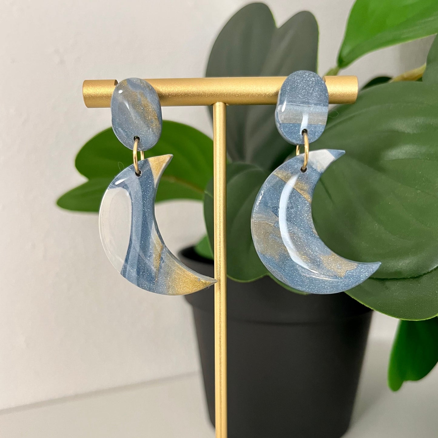 Blue, Gold, & White Shimmer Marble Moon Earrings